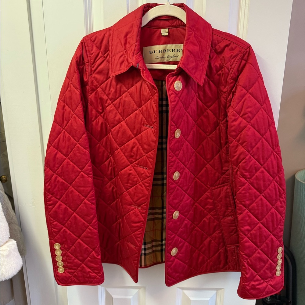 BURBERRY FRANKBY PARADE RED QUILTED CHECK CUFF SHORT COAT JACKET